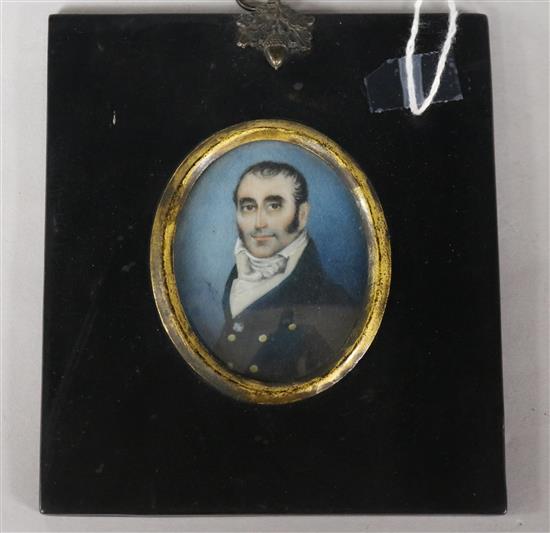 19th Century English School, miniature portrait of a gentleman wearing a white stock and blue coat 13.5 x 12cm